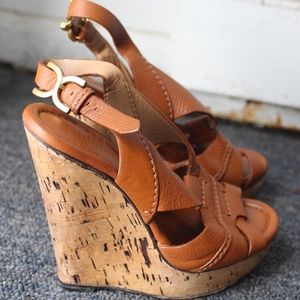 Chloe Tan Leather High Heel Wedges Summer Heels
